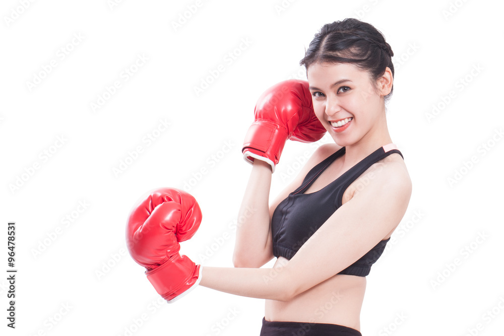 Boxer - portrait of fitness woman boxing wearing boxing gloves on white background. Boxer - portrait of fitness woman boxing wearing boxing gloves on white background.