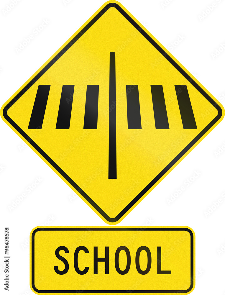 Road sign assembly in New Zealand - Zebra crossing at school Road sign assembly in New Zealand - Zebra crossing at school