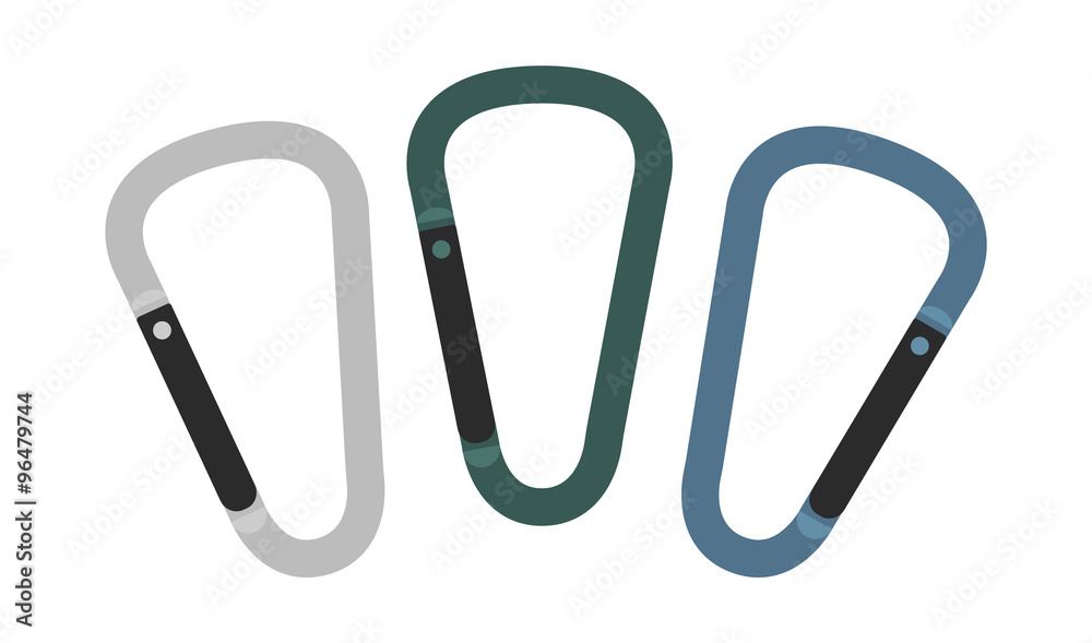 Set of carabiner icons. Silver, green, blue Set of carabiner icons. Silver, green, blue