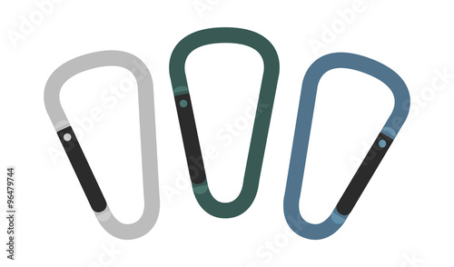 Set of carabiner icons. Silver, green, blue