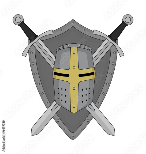 Two crossed swords shield and helmet heraldry emblem
