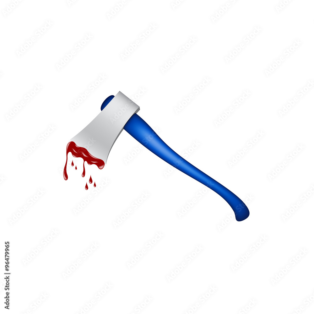 Old axe with wooden handle in blue design and bloody blade Old axe with wooden handle in blue design and bloody blade