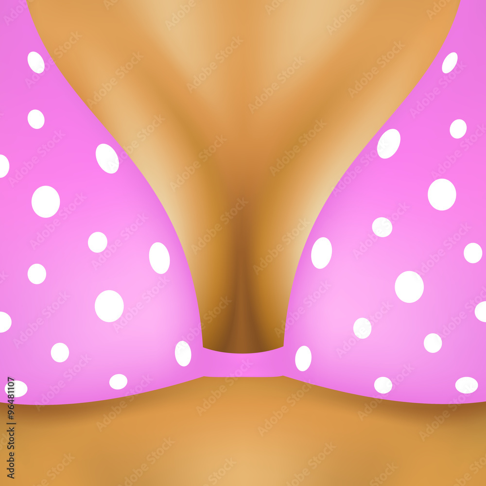 Breasts in pink bra with white dots Stock Vector