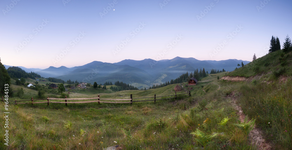 Panorama of early morning mountains hills