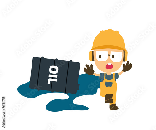spilled oil with cartoon character, safety first, health and safety concept.