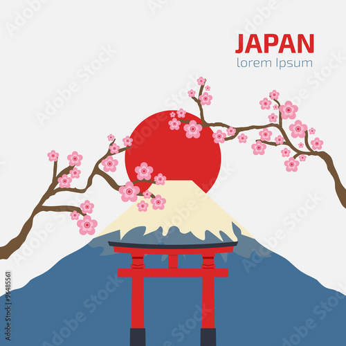 gate Torii, Mount Fuji, Japan with sakura branch, Travel and tourism concept, japanese style vector Illustration