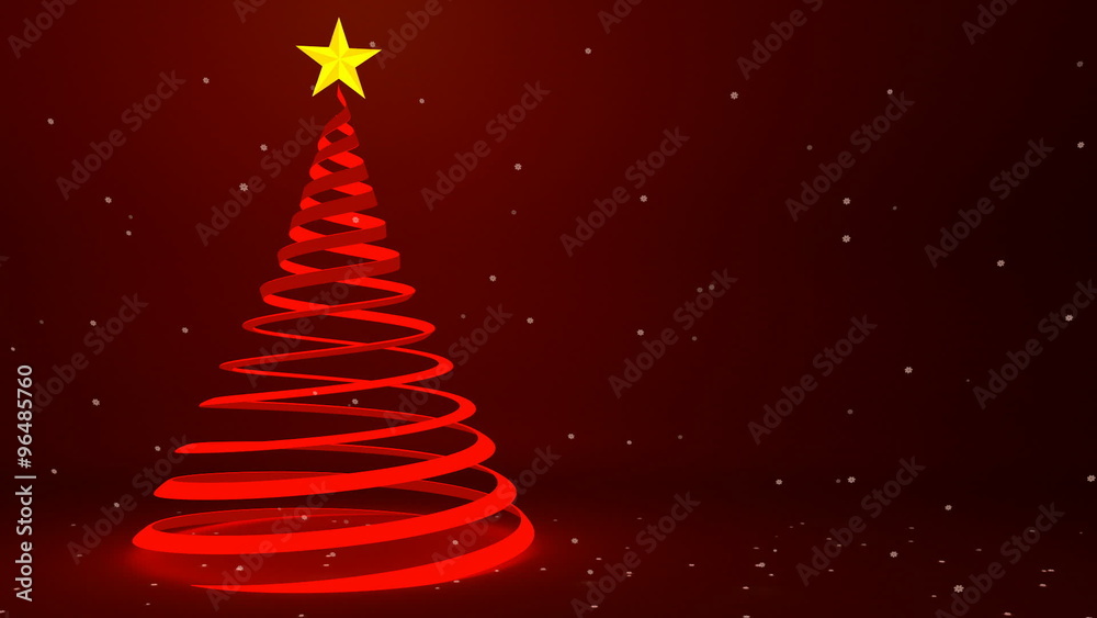 Modern red ribbon Christmas tree design and falling snow, 3D animation