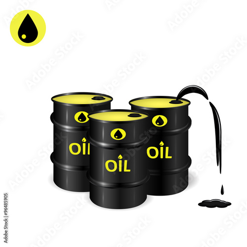Three oil barrels with oil spill and slick