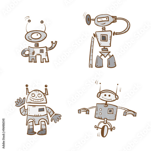 Cartoon robots set. Vector image. Doodle stile.