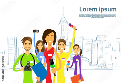 Journalists Crew, Woman Reporter with Team Live News People Group with Microphones