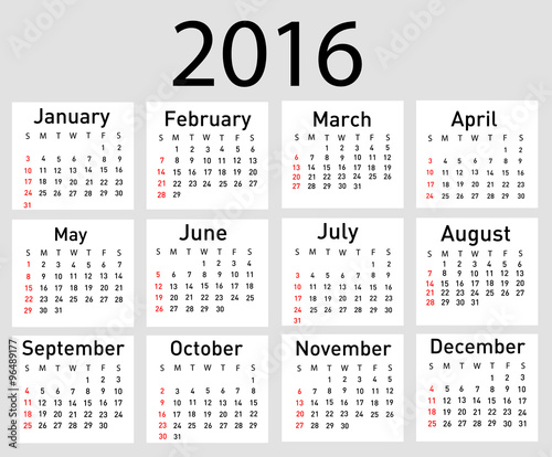 Vector illustration of a modern and simple calendar 2016