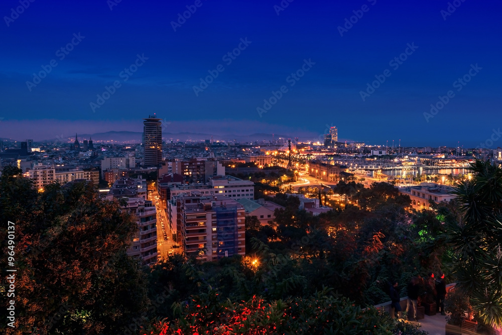 Aerial view of Barcelona, Spain at night