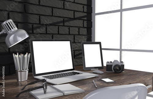 3D illustration laptop and work stuff on table near brick wall, Workspace