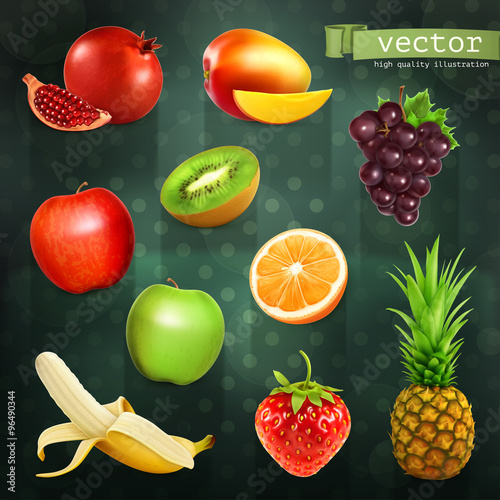 Fruits, set of vector illustrations on dark background