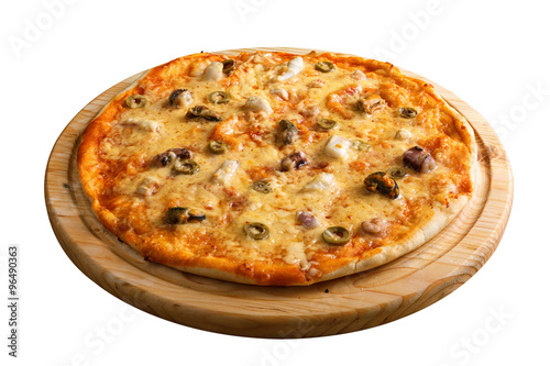 Seafood pizza. With shrimps, mussels and olives
