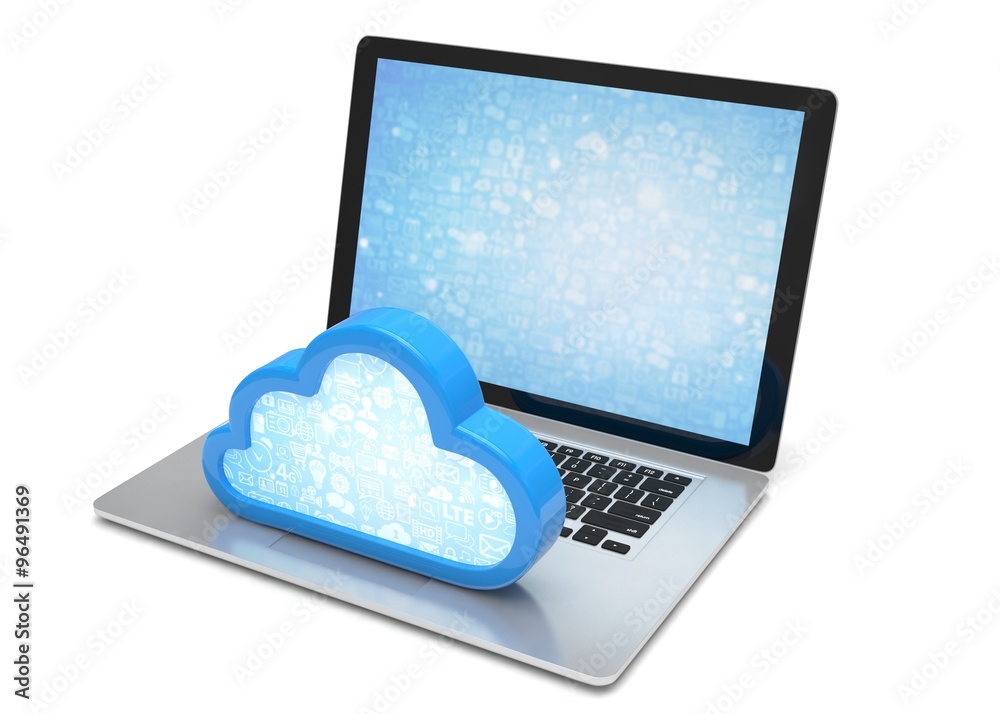 Laptop with cloud computing symbol on keyboard. 3d render Laptop with cloud computing symbol on keyboard. 3d render