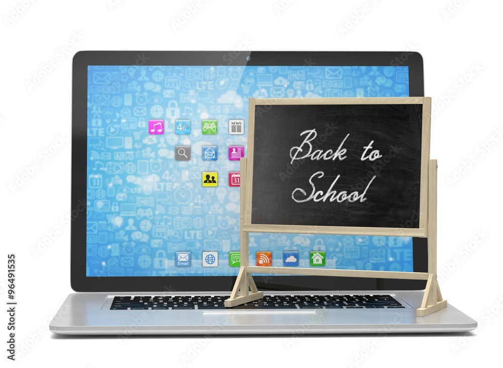 Laptop with chalkboard, back to school, online education concept Laptop with chalkboard, back to school, online education concept