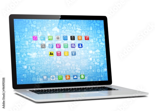 3d rendering of a laptop with blue wallpaper with app icon