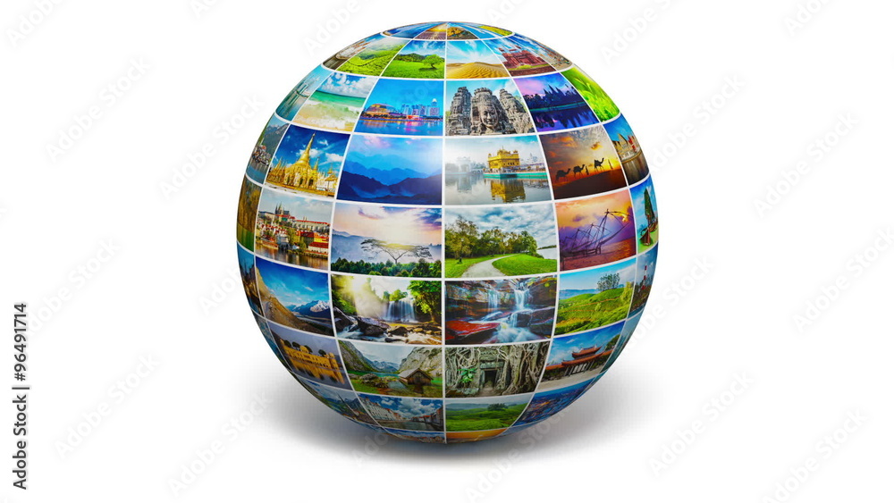 Global travel media world globe concept - rotating picture sphere with travel images isolated on white with soft shadow Global travel media world globe concept - rotating picture sphere with travel images isolated on white with soft shadow