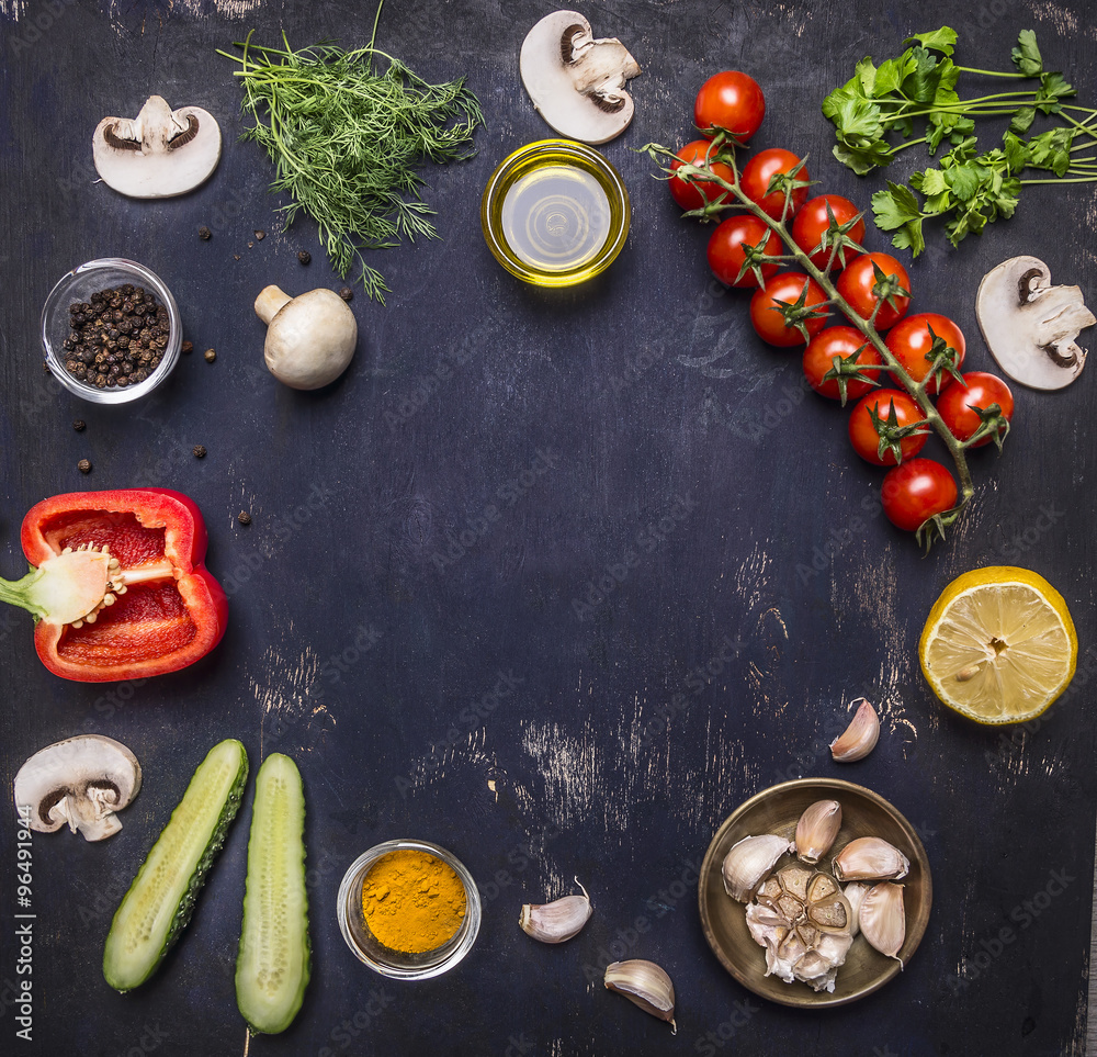 variety of vegetables and fruits, Ingredients for cooking lined frame place for text, on wooden rustic background top view variety of vegetables and fruits, Ingredients for cooking lined frame place for text, on wooden rustic background top view