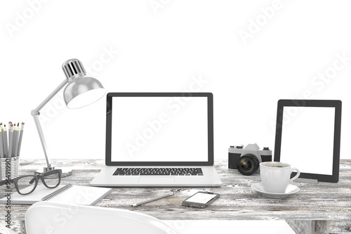 3D illustration laptop and work stuff on table, Workspace