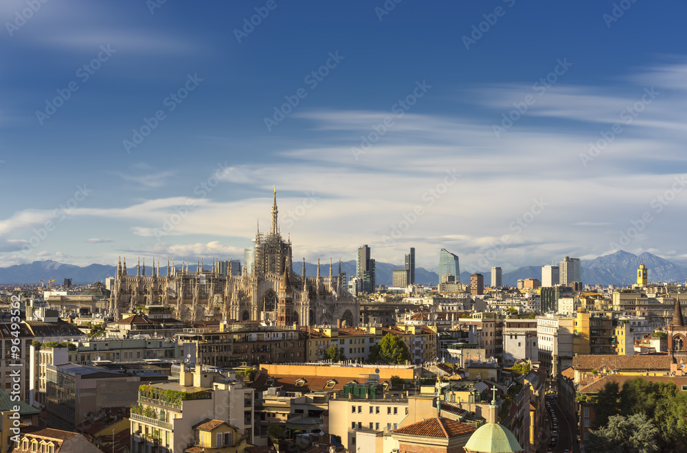 Milan, 2015 panoramic skyline with alps on background