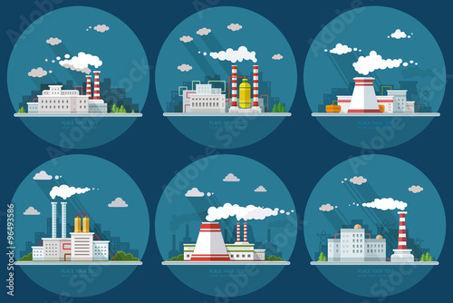 Industrial landscape set. The nuclear power plant and factory on