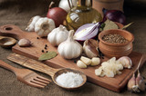Garlic, onion, coriander, sesame seeds, black pepper, bay leaf, sea salt, olive oil