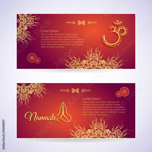 Website Template Yoga card with floral henna mehendi design Om Aum Namaste yoga studio or for a business card, greeting card vector orange, purple