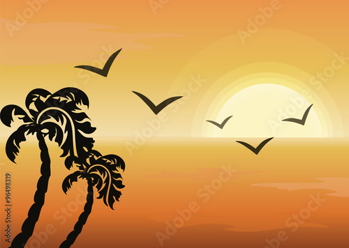 Summer Tropical Sunset background. Ocean view. Vector