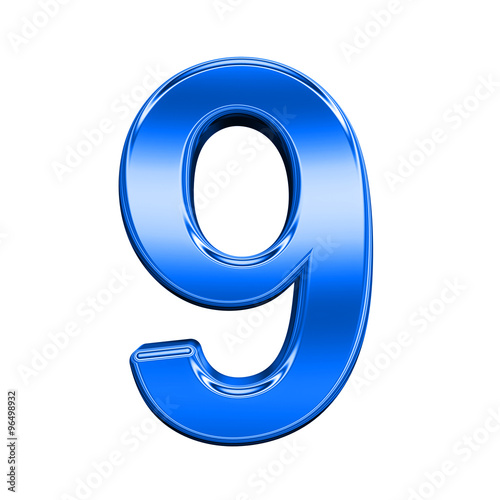 One digit from shiny blue alphabet set, isolated on white. Computer generated 3D photo rendering.