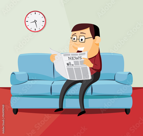 Happy man is reading a newspaper on the couch in the hotel room. Simple cartoon vector illustration.