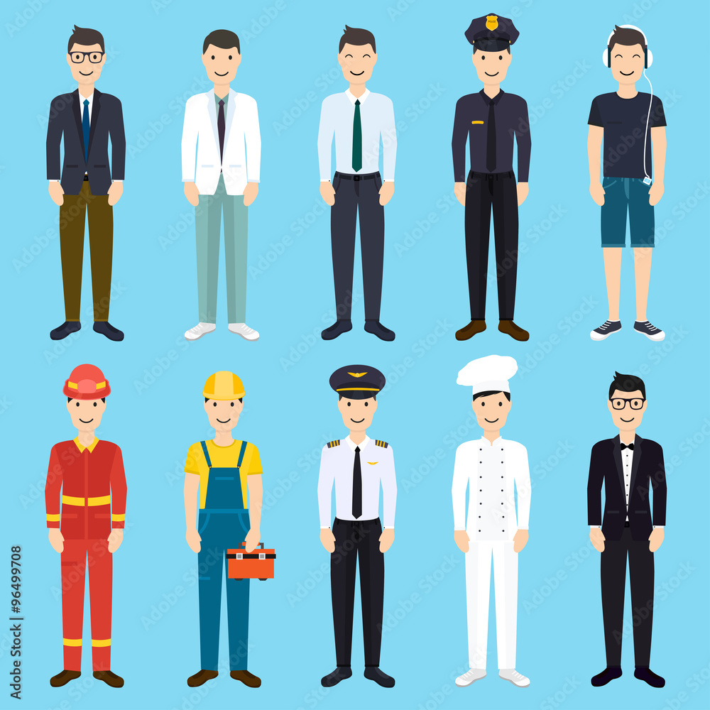 Set of colorful profession man flat style icons: businessman, do Set of colorful profession man flat style icons: businessman, do