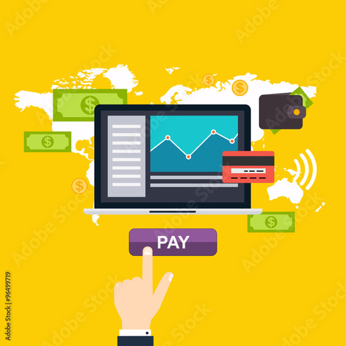 Online and mobile payments concept. Human hand finger pressing p