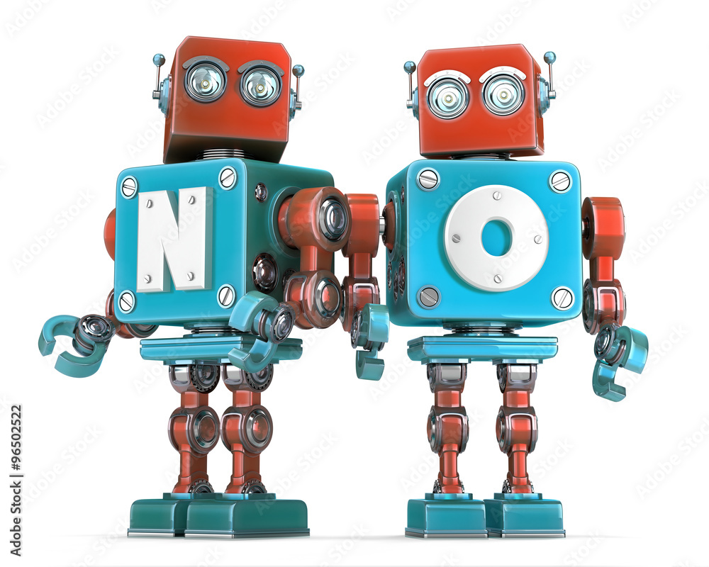 Group of Retro Robots with NO sign. Isolated. Cnotains clipping path