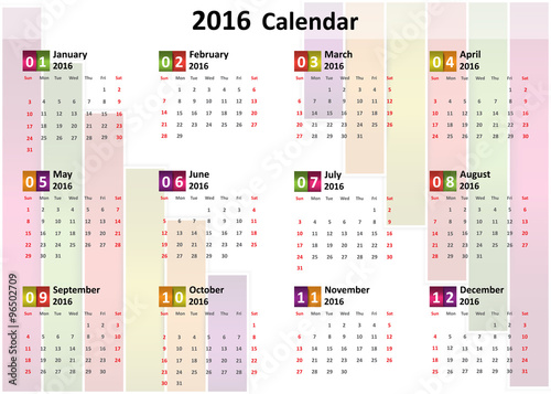 2016 Calendar, Colorful Abstract Block 2016 Calendar, Vector Illustration.