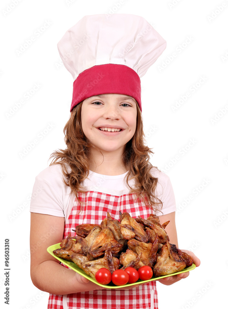 happy little girl cook with chicken wings happy little girl cook with chicken wings