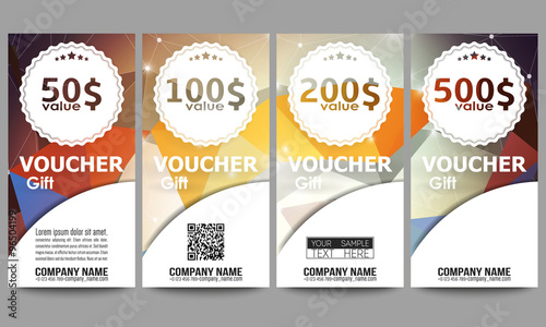 Set of modern gift voucher templates. Colorful triangle design, abstract vector background