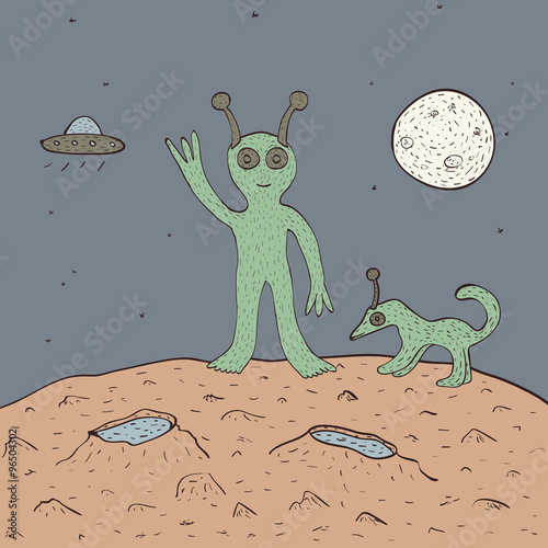 Green alien with dog