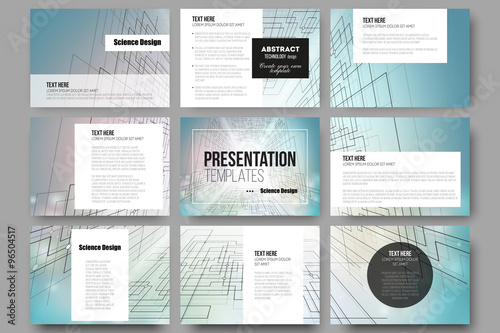Set of 9 templates for presentation slides. Abstract vector background, digital technologies, cyber space