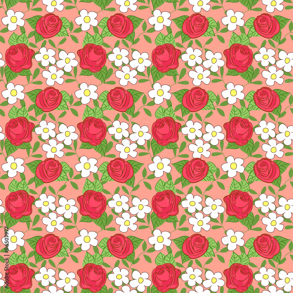 Seamless pattern with cartoon daisies and roses. Seamless pattern with cartoon daisies and roses.