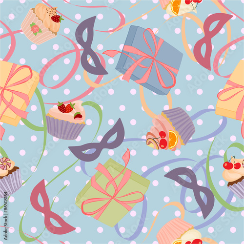 Seamless pattern with gifts, cupcakes and cakes.