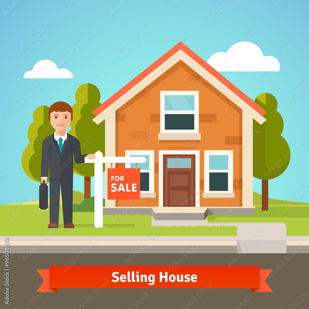 Real estate broker and house with for sale sign Real estate broker and house with for sale sign