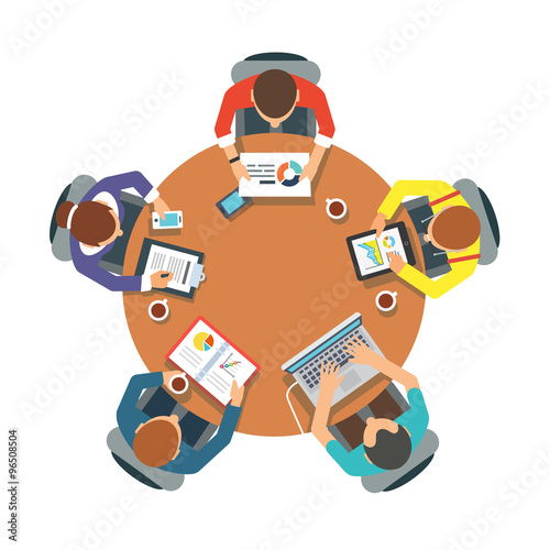Five people team sitting and working together