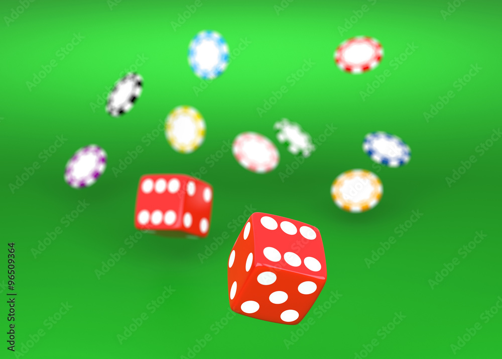 Rolling red dice on a casino table with chips Rolling red dice on a casino table with chips