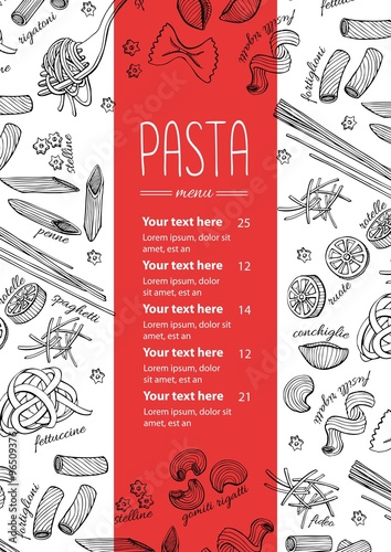 Vector hand drawn pasta menu. Vintage  line art illustration