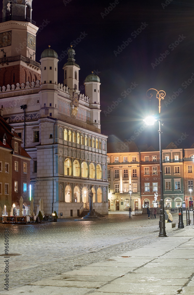 Renaissance town hall in the Old Market at night in Poznan.