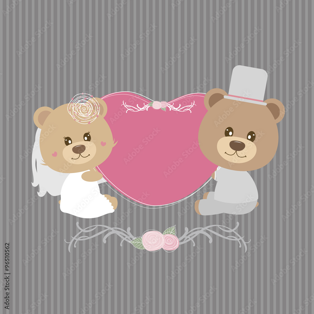 Wedding concept of couple teddy bear doll holding pink heart Wedding concept of couple teddy bear doll holding pink heart