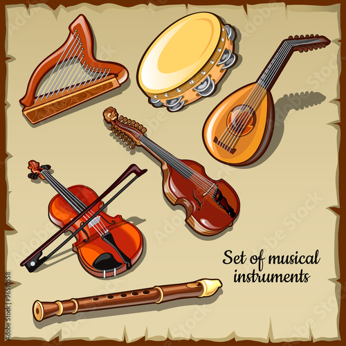 Set of string and wind musical instruments, six icons