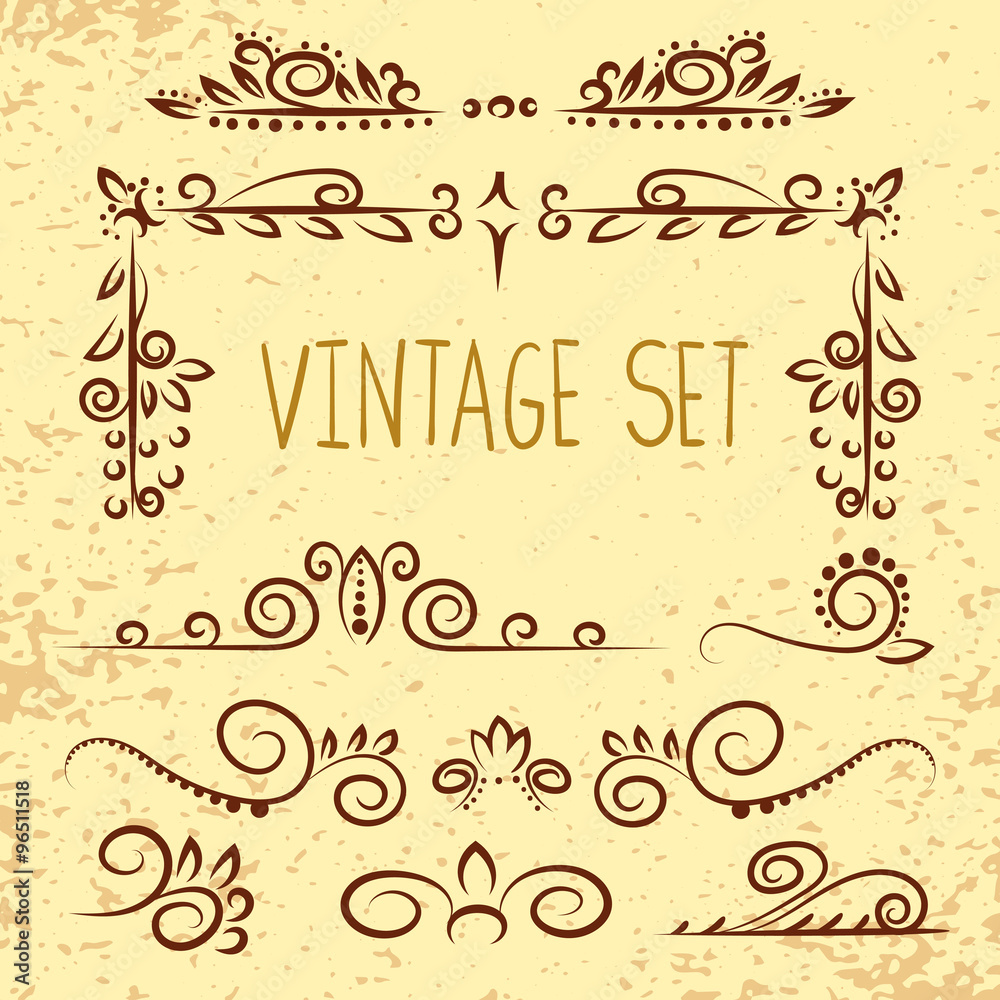Set of vintage decorative elements - corners, frames, curly patterns. Hand drawn calligraphic ornaments. 